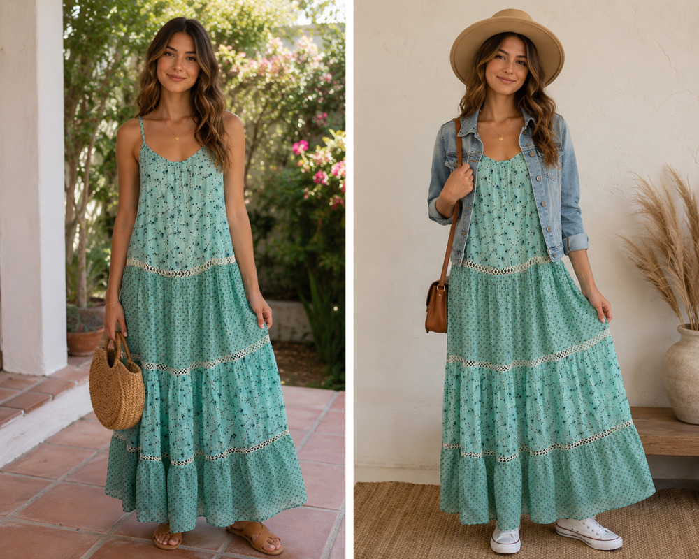 NWT Debbie Katz South Beach Womens Maxi Dress Aqua Tiered Crochet Coastal Sz-S